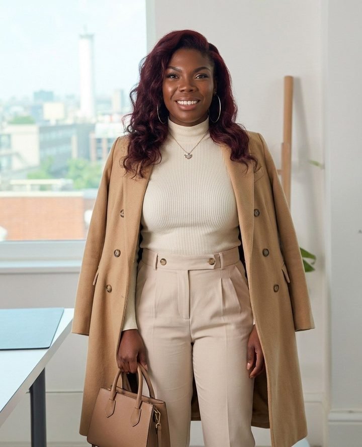 Carlene Nisbett-McBlack, smiling, wearing a camel coat over a cream outfit, standing in a bright office.